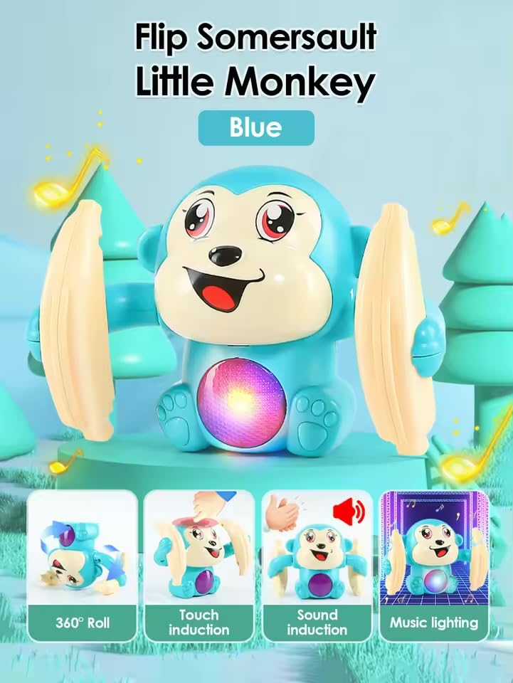Quirky Kidz Dancing Monkey Musical Toy – Baby Tumble Doll with Voice Control, Rolling Action, Music, Lights & Sound Sensor, ISI Certified – Multicolor
