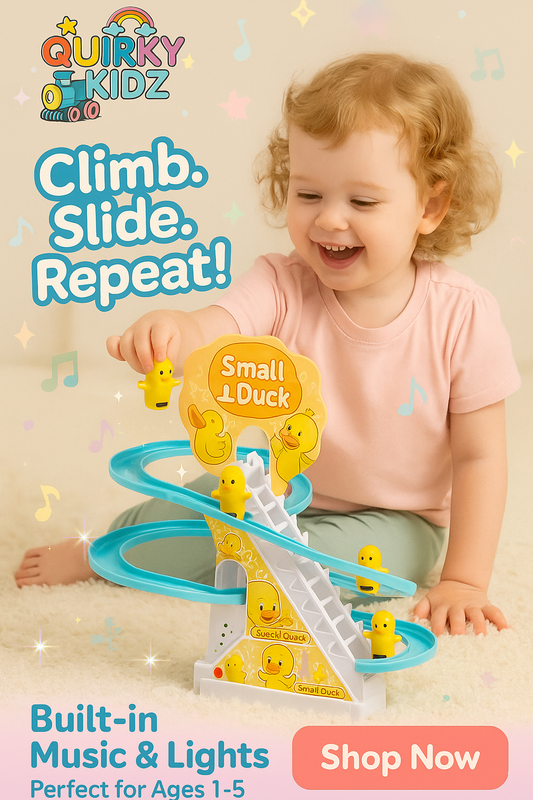Quirky Kidz Duck Slide Toy Set – Automatic Stair-Climbing Duck Race Track with Lights & Music, Escalator Slide Toy for Toddlers & Kids, Duck Track Play Set