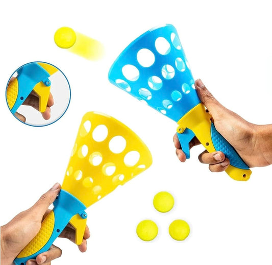 Quirky Kidz Click and Catch Twin Ball Launcher Game with 3 Balls | Indoor Outdoor Toy Set | Pop & Catch Ball Play Fun for Boys & Girls - Multicolor