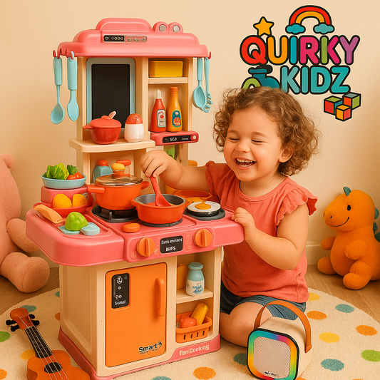 Quirky Kidz 3-in-1 Portable Pretend Kitchen Play Set – Cooking Toy with Food Accessories for Kids | Role Play Party Set for Boys & Girls | Plastic Educational Toy for Toddlers